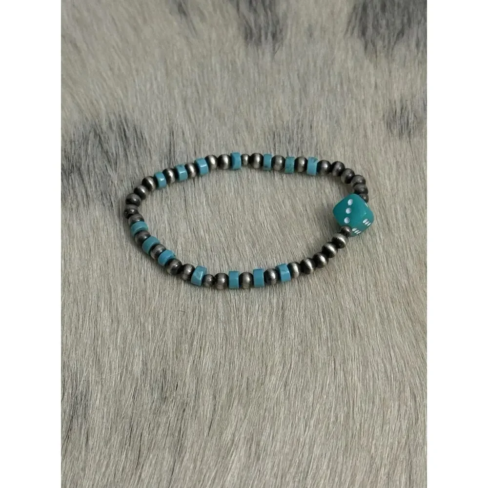 Native American Sterling Silver Navajo Pearl Turquoise Stretch Bracelet Dice